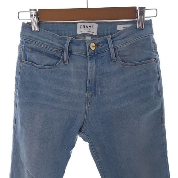 Frame Le High Skinny Shredded Hem Solid Blue Jeans Womens Size 26 - Picture 3 of 9